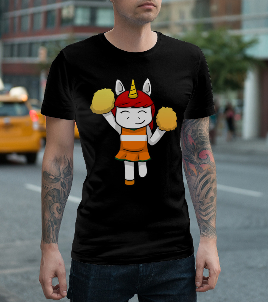 Unicorn Cheerleader with Orange and Yellow Pom-Poms T-Shirt