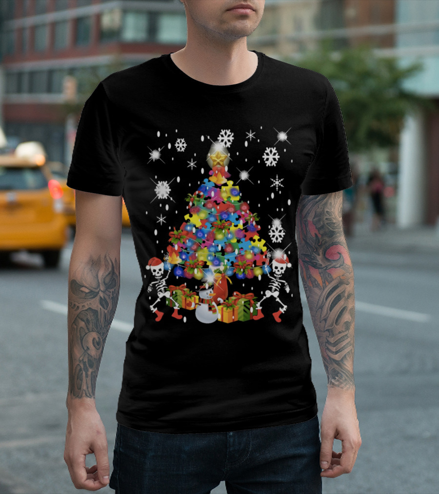 Skull Puzzle Piece Christmas Tree with Santa Skeletons and Snowflakes T-Shirt