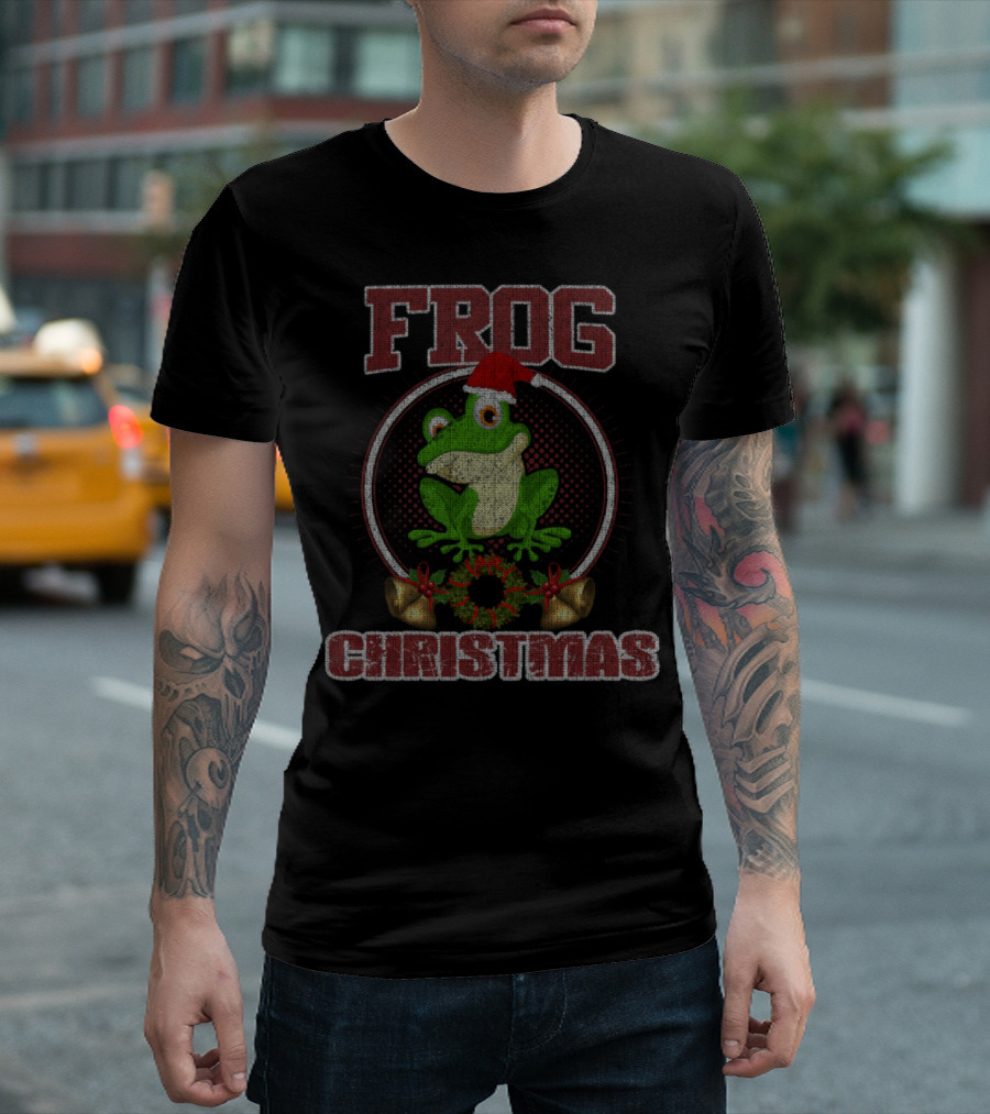 Frog Christmas Holiday Santa Hat with Bells and Wreath T-Shirt