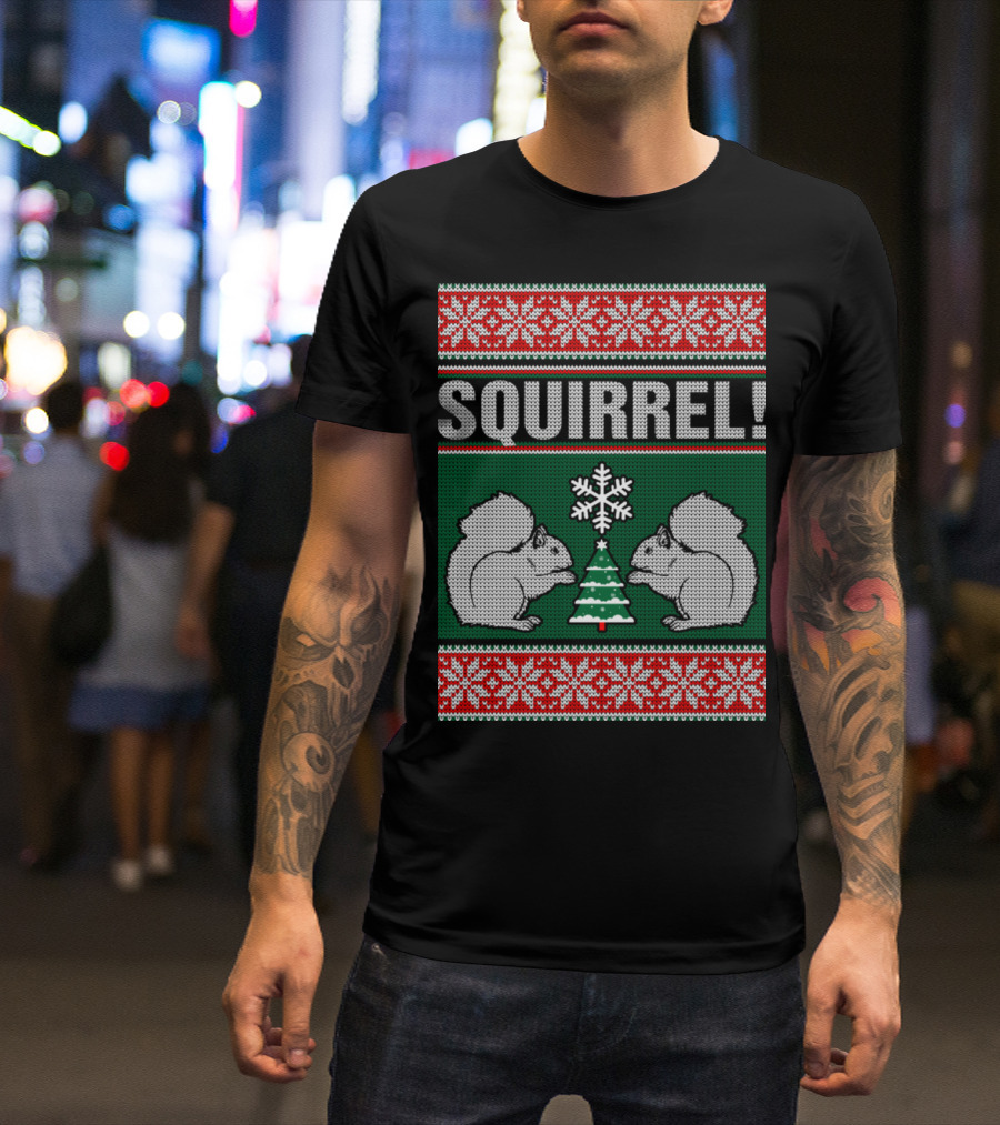 Squirrel Christmas Sweater Pattern With Snowflakes And Tree T-Shirt