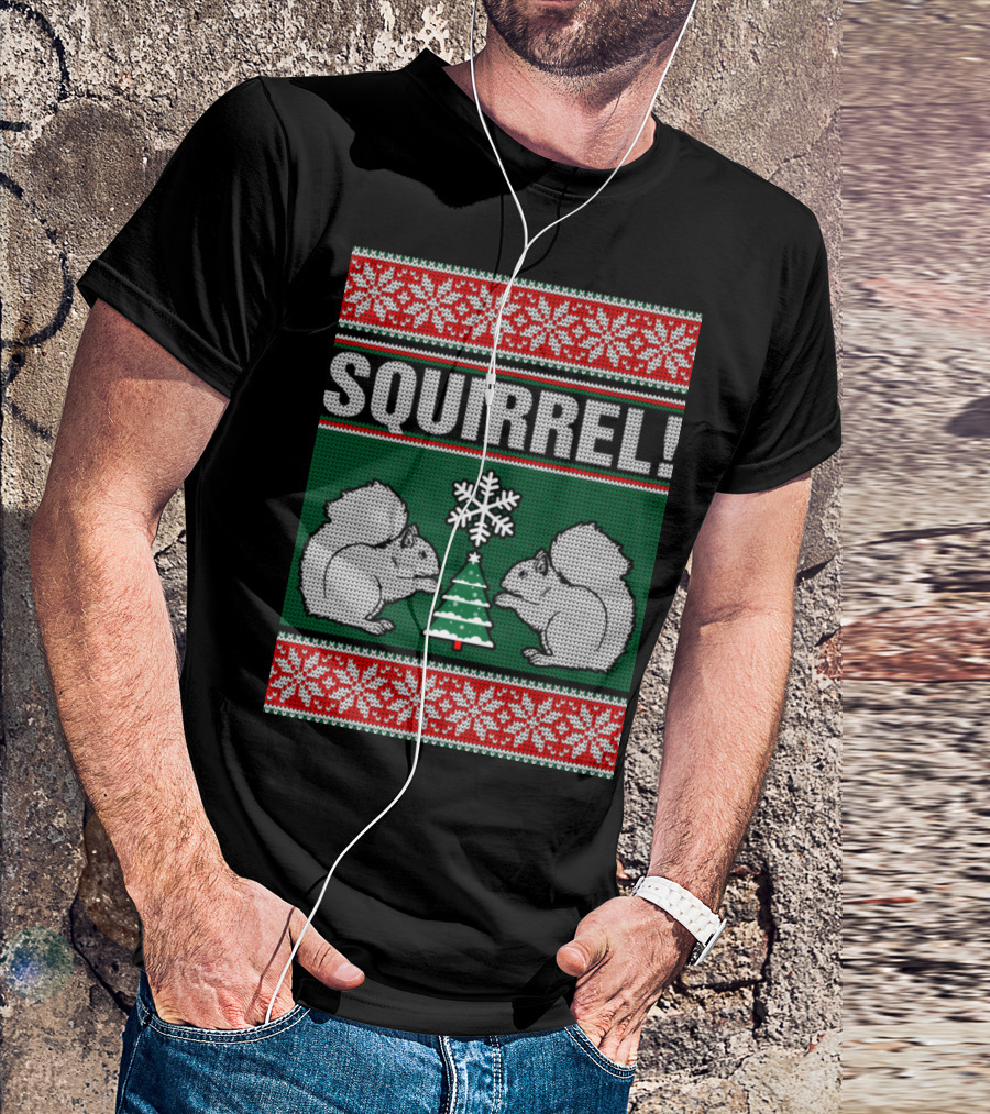 Squirrel Christmas Sweater Pattern With Snowflakes And Tree T-Shirt