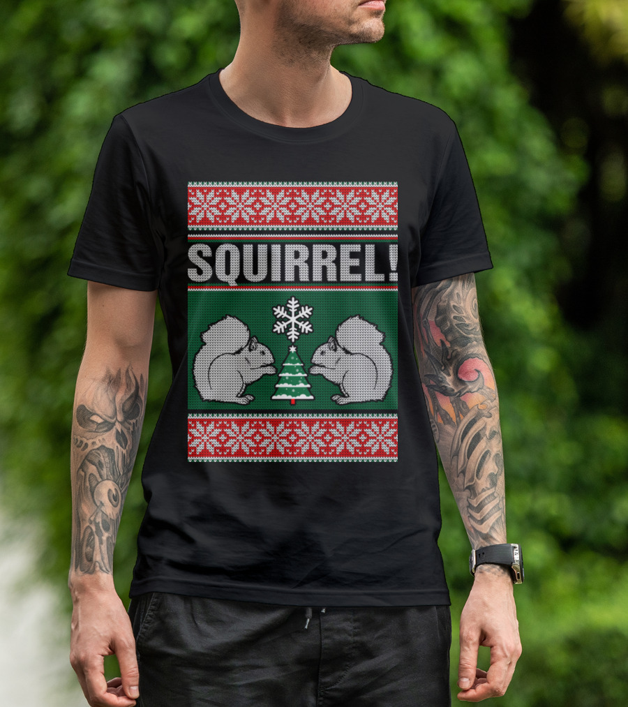 Squirrel Christmas Sweater Pattern With Snowflakes And Tree T-Shirt