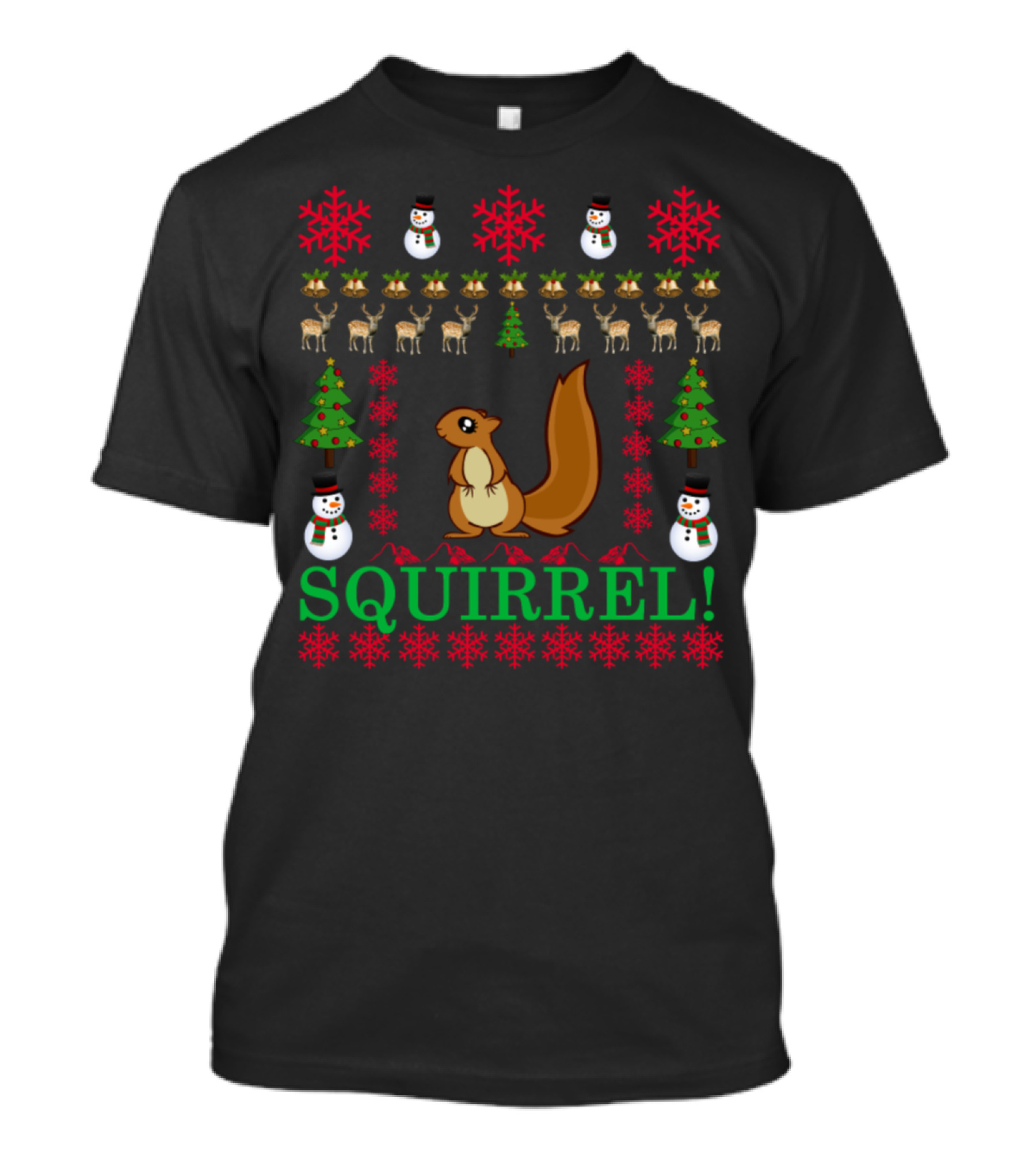 Squirrel Christmas Snowflakes Reindeer Trees Snowmen T-Shirt