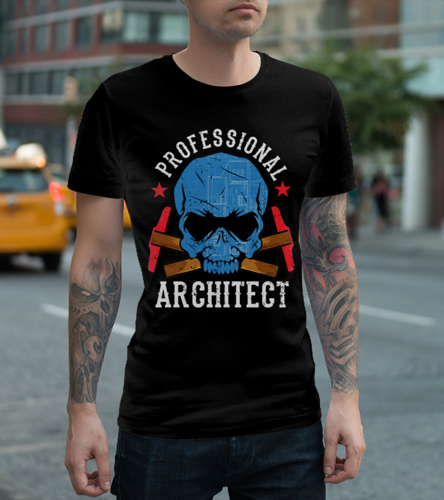 PROFESSIONAL ARCHITECT Skull Blueprint with Red Stars and Hammers T-Shirt