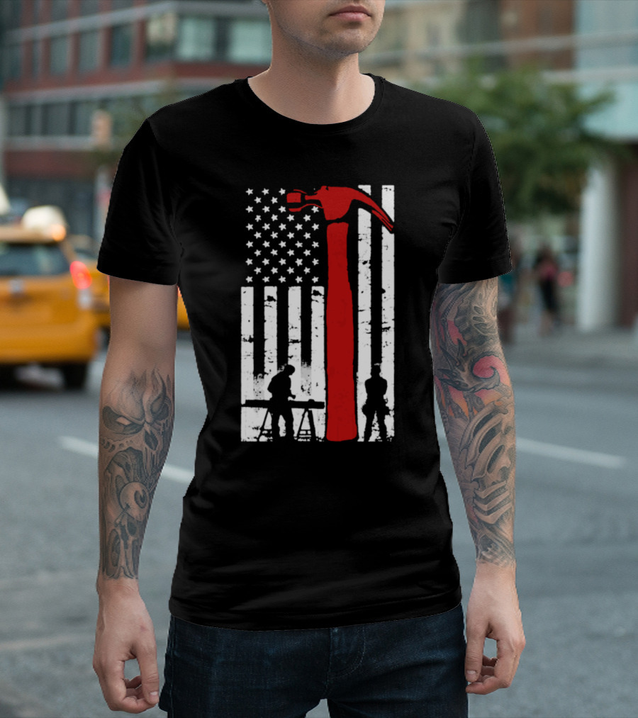 American Carpenter Hammer Silhouette Flag T-Shirt