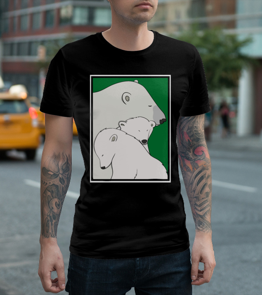 A Family of Polar Bears in a Green Background Frame T-Shirt