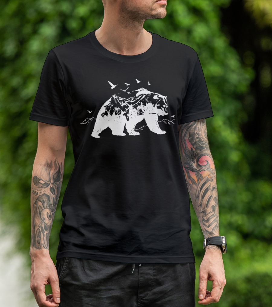 Bear With Mountains And Birds Wildlife Scene T-Shirt