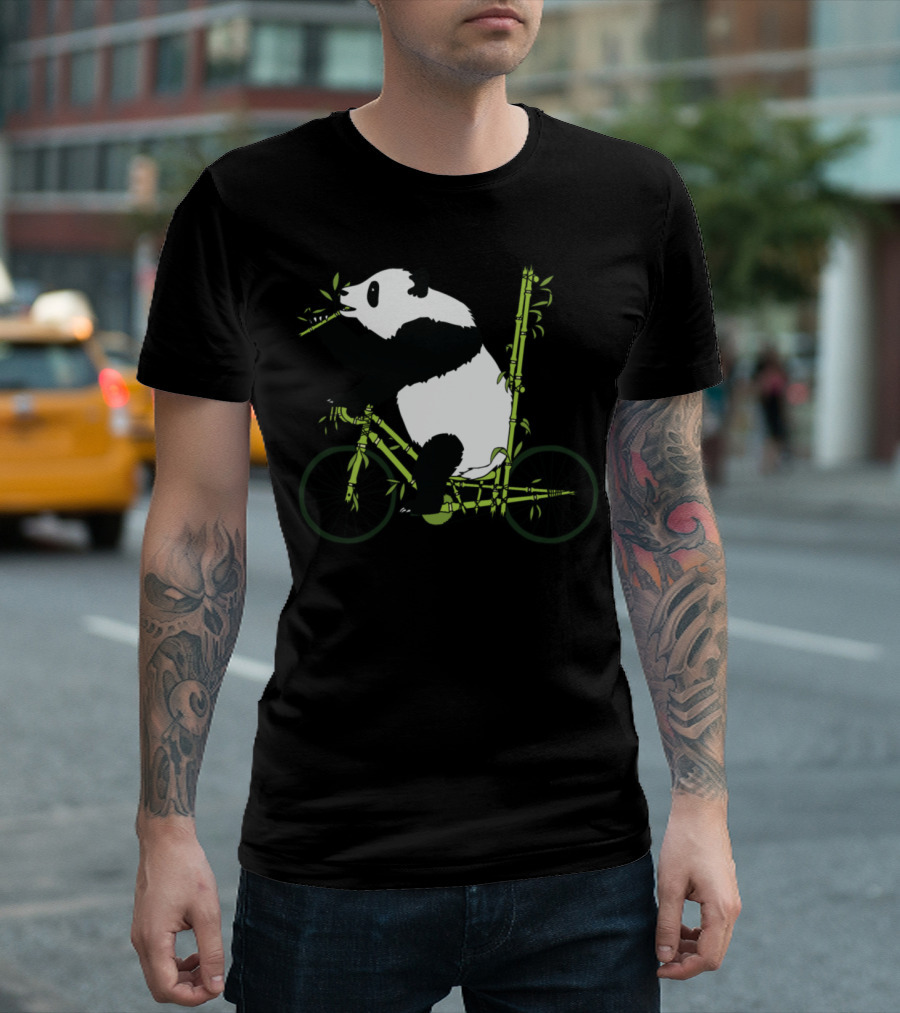 Panda Bear On Bamboo Bicycle Eating Stalk T-Shirt
