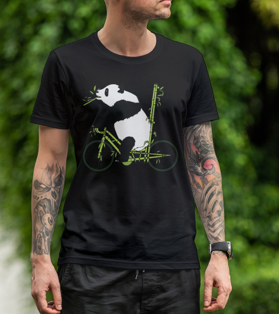 Panda Bear On Bamboo Bicycle Eating Stalk T-Shirt