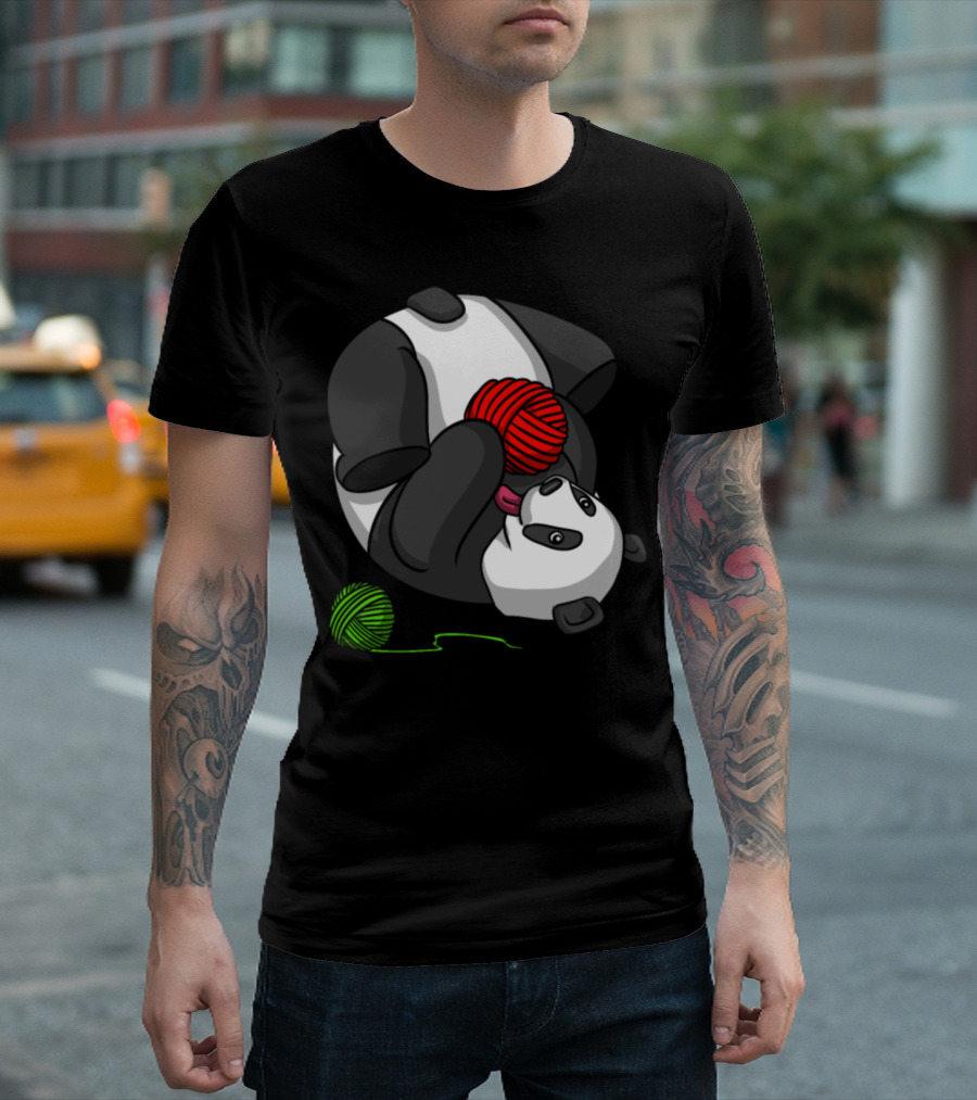 Panda Bear Knitting With Red And Green Yarn T-Shirt