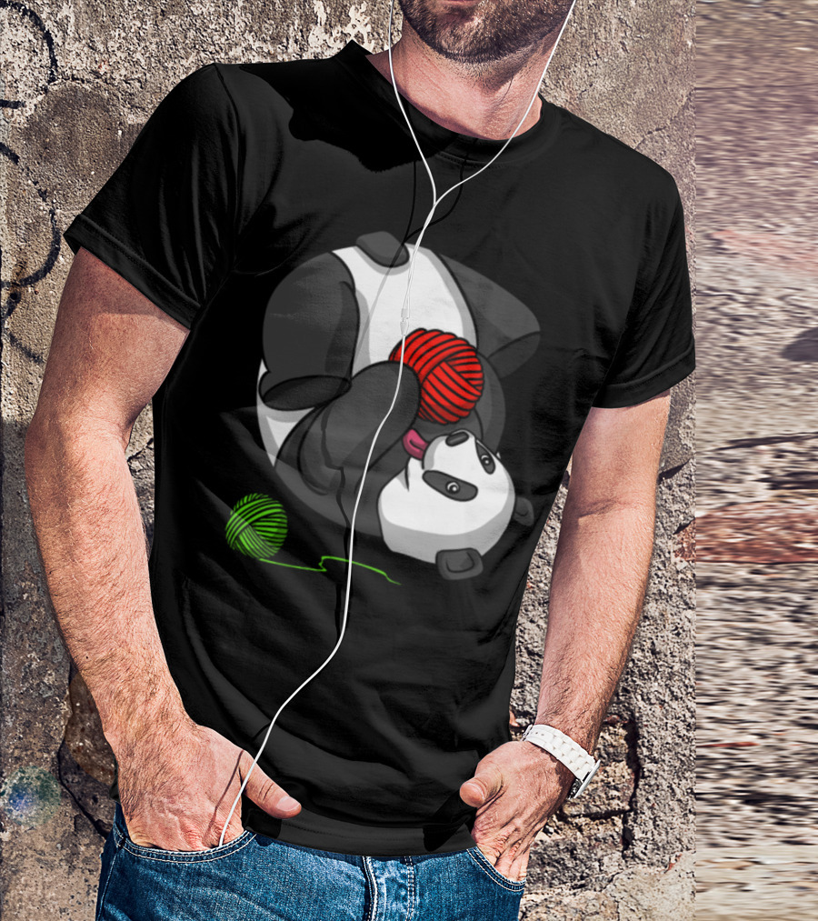 Panda Bear Knitting With Red And Green Yarn T-Shirt