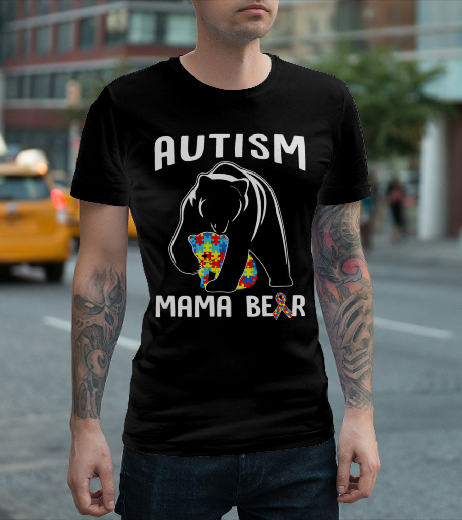 Autism Mama Bear Puzzle Ribbon Awareness T-Shirt