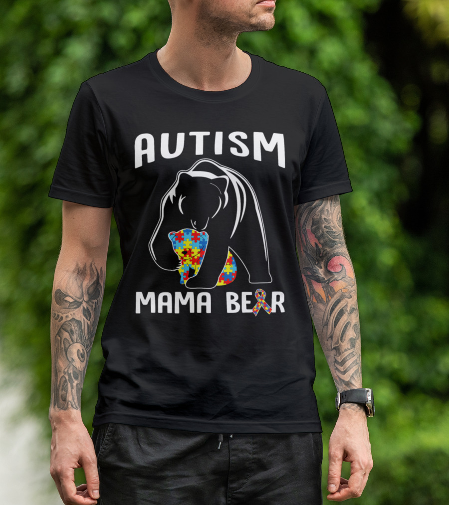 Autism Mama Bear Puzzle Ribbon Awareness T-Shirt