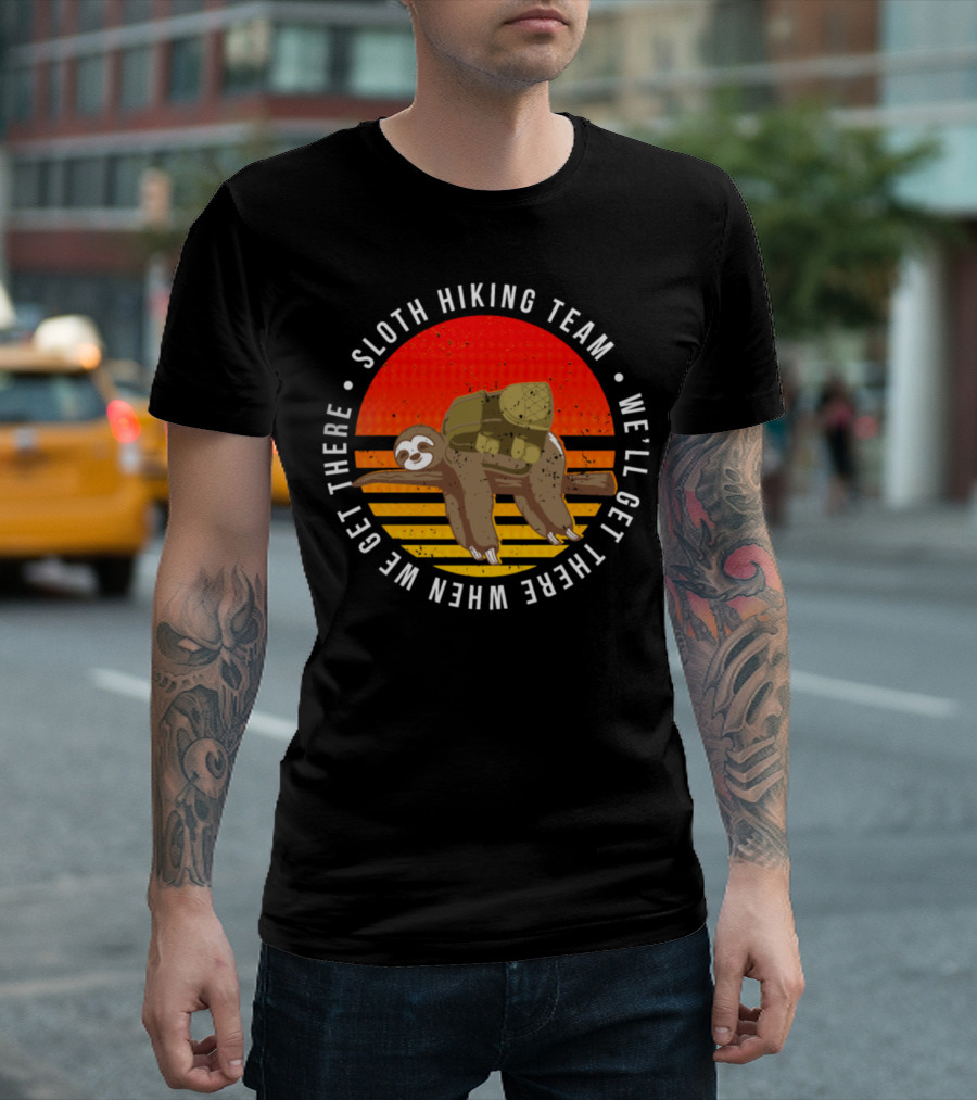 Sloth Hiking Team We'll Get There When We Get There Retro Sunburst Background T-Shirt