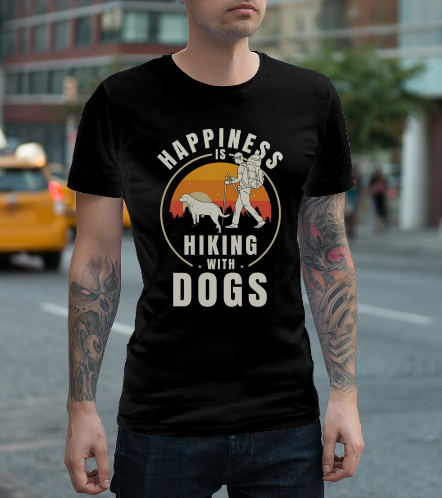 Happiness Is Hiking With Dogs Vintage Sunset Adventure T-Shirt
