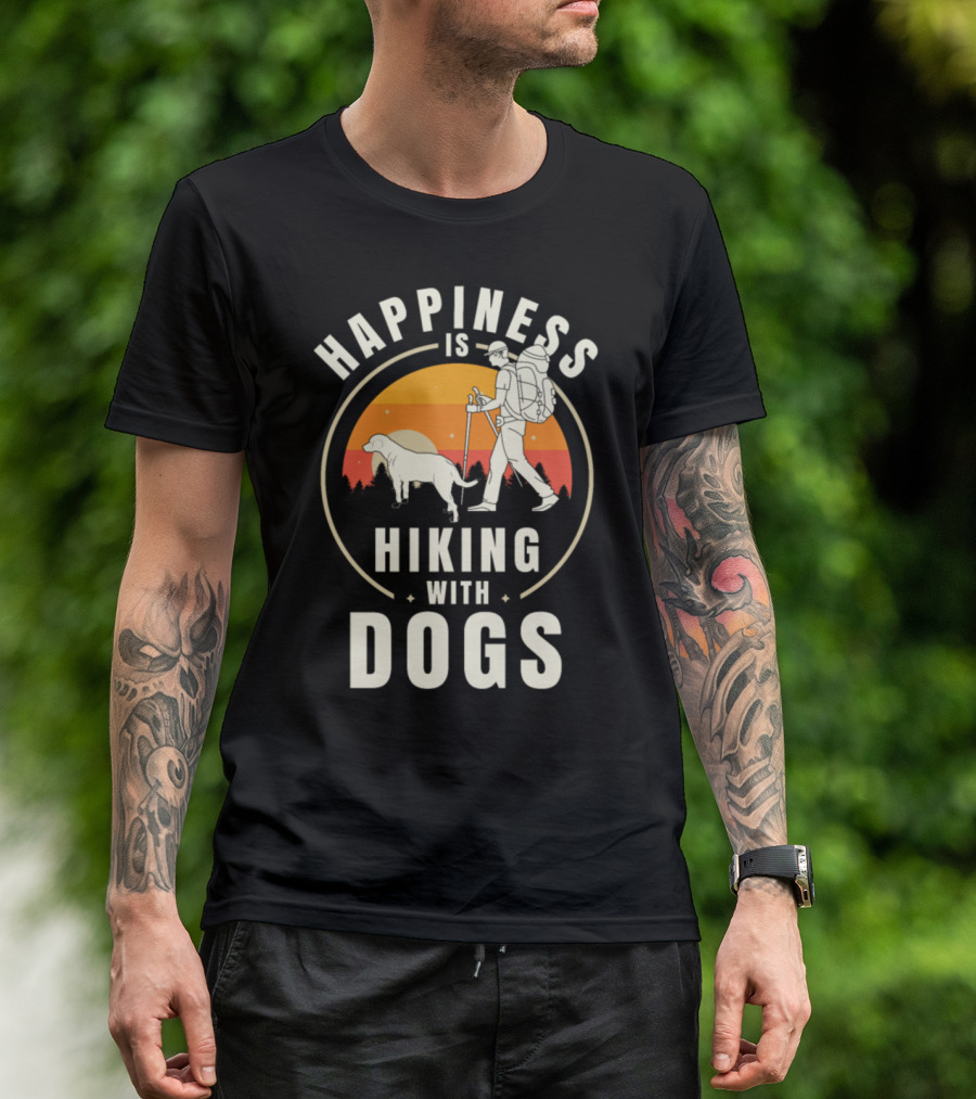 Happiness Is Hiking With Dogs Vintage Sunset Adventure T-Shirt