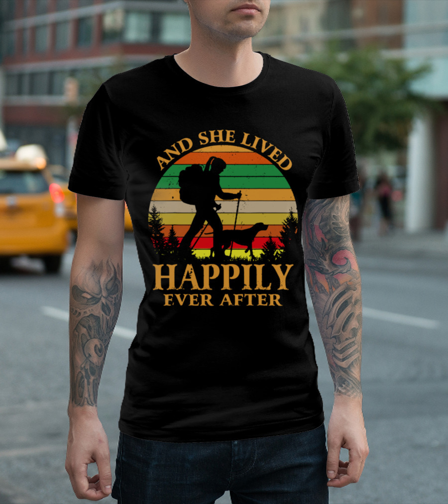 And She Lived Happily Ever After Hiking Dog Vintage Sunset T-Shirt