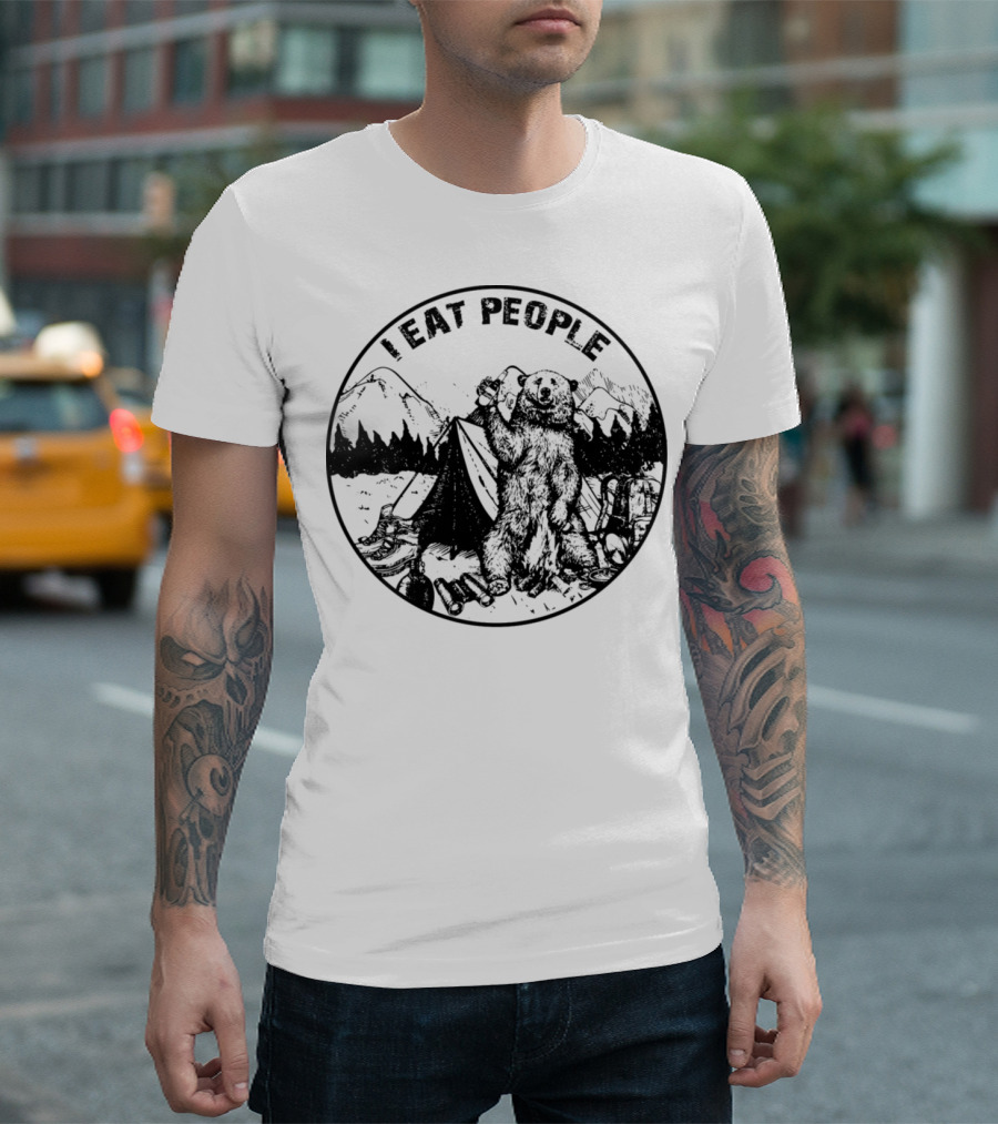 Hiking Bear Camping I Eat People Mountains Forest Scene T-Shirt
