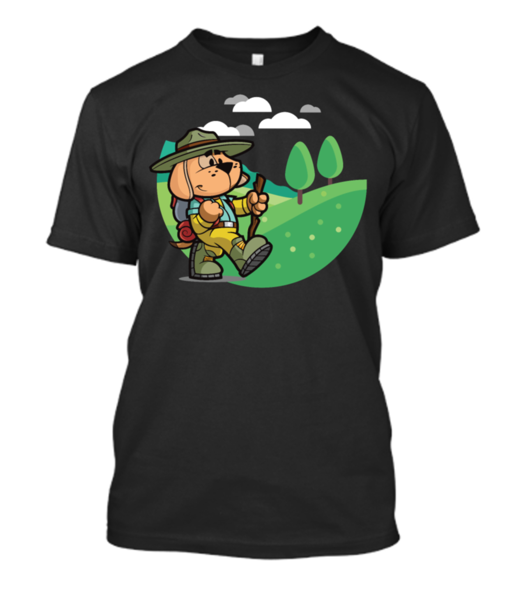 Hiking Dog With Backpack In Scenic Green Landscape T-Shirt