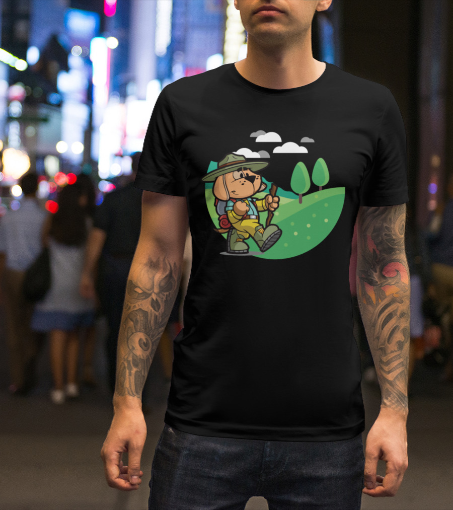 Hiking Dog With Backpack In Scenic Green Landscape T-Shirt