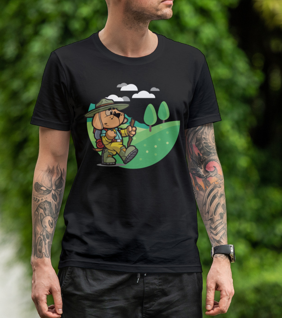Hiking Dog With Backpack In Scenic Green Landscape T-Shirt