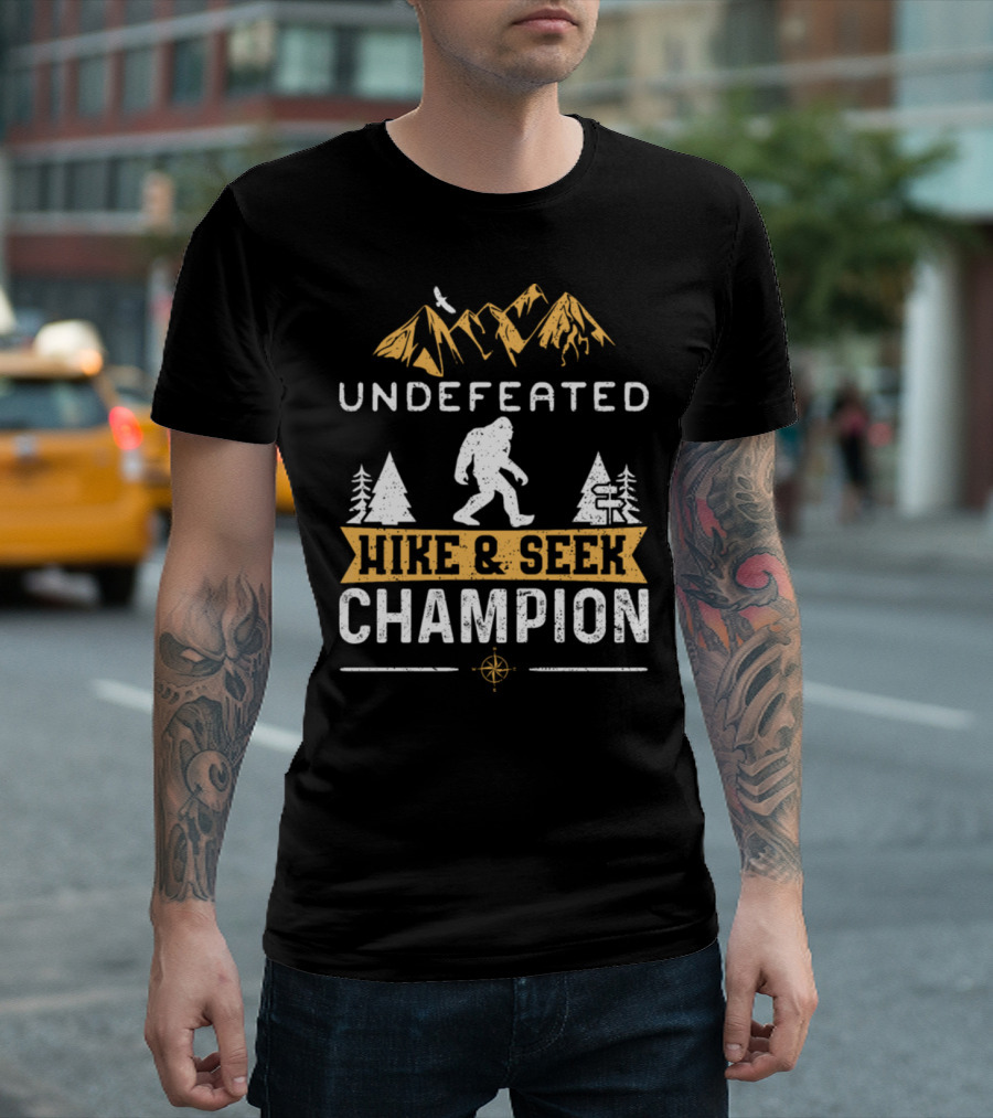 Undefeated Hike And Seek Champion Bigfoot With Mountains And Compass T-Shirt