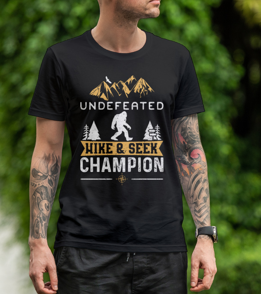 Undefeated Hike And Seek Champion Bigfoot With Mountains And Compass T-Shirt