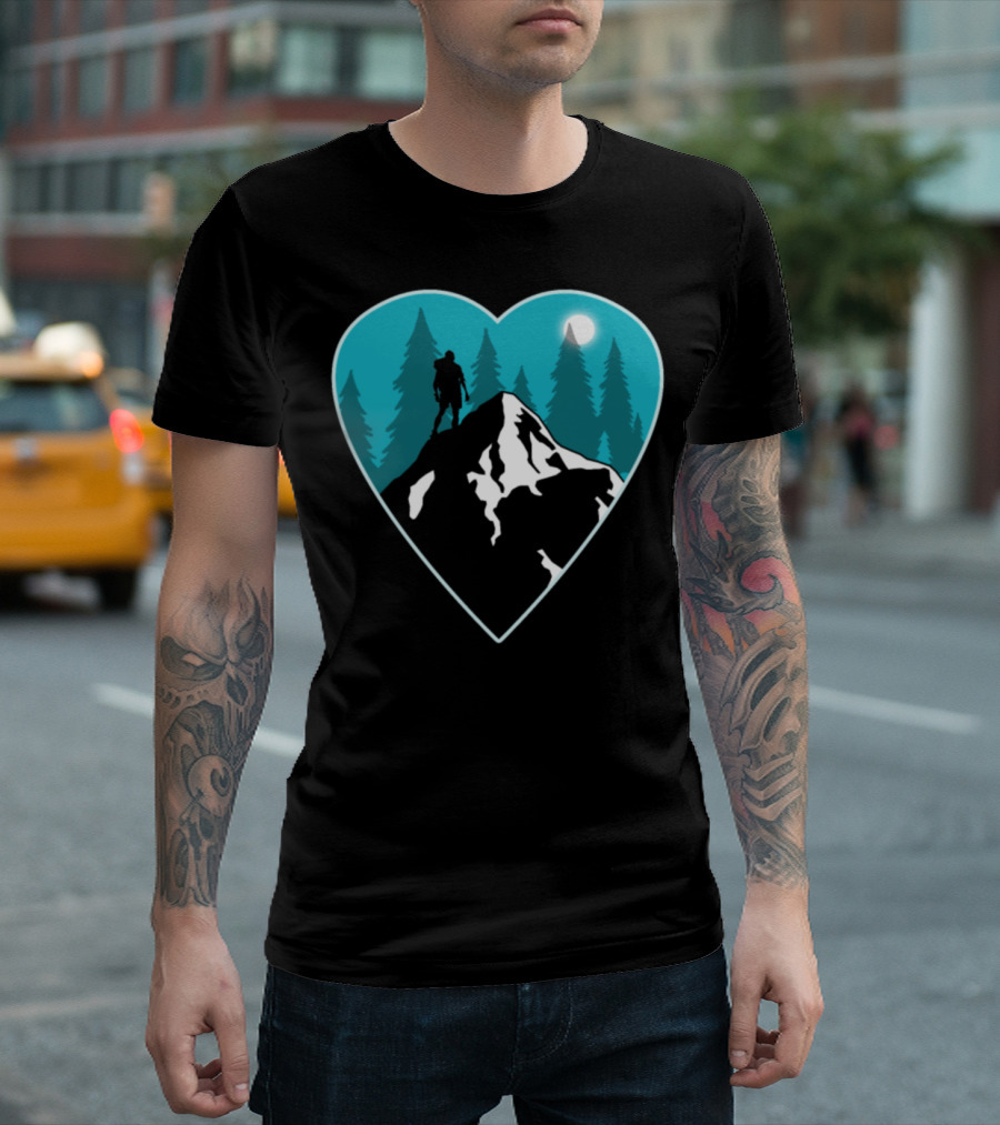 Valentines Day Hiking Love Couple Mountains Heart with Moonlit T-Shirt