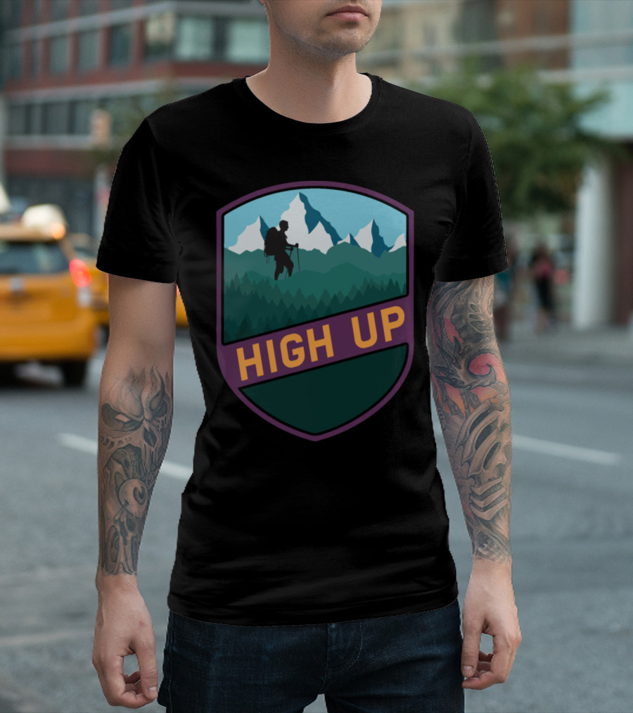 High Up Vintage Hiker Silhouette with Mountain Peaks and Forest Trekking T-Shirt