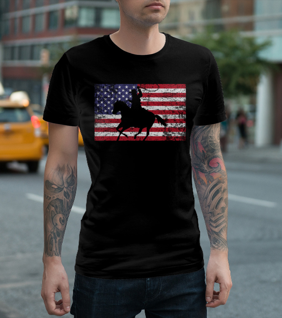 Cowboy America Riding in Front of American Flag T-Shirt