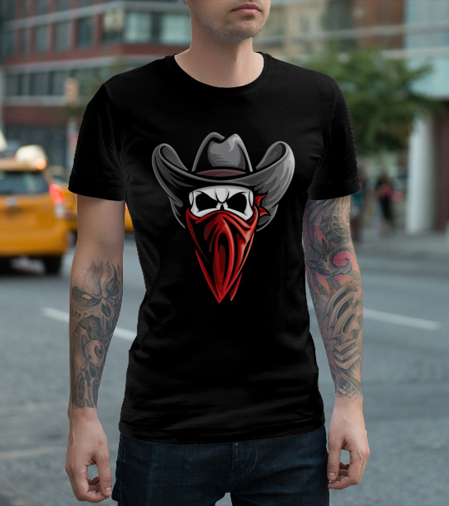 Cowboy Bandit Skull with Hat and Red Bandana T-Shirt