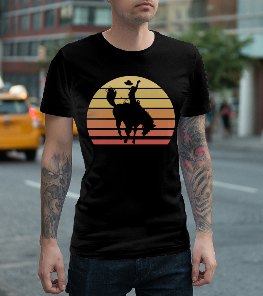 Cowboy Retro Western Texas Urban Sunset Silhouette Riding Horse T-Shirt