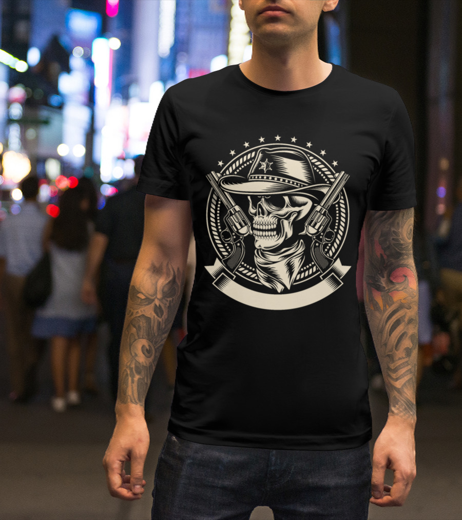 Cowboy Skull With Star Badge And Dual Revolvers T-Shirt