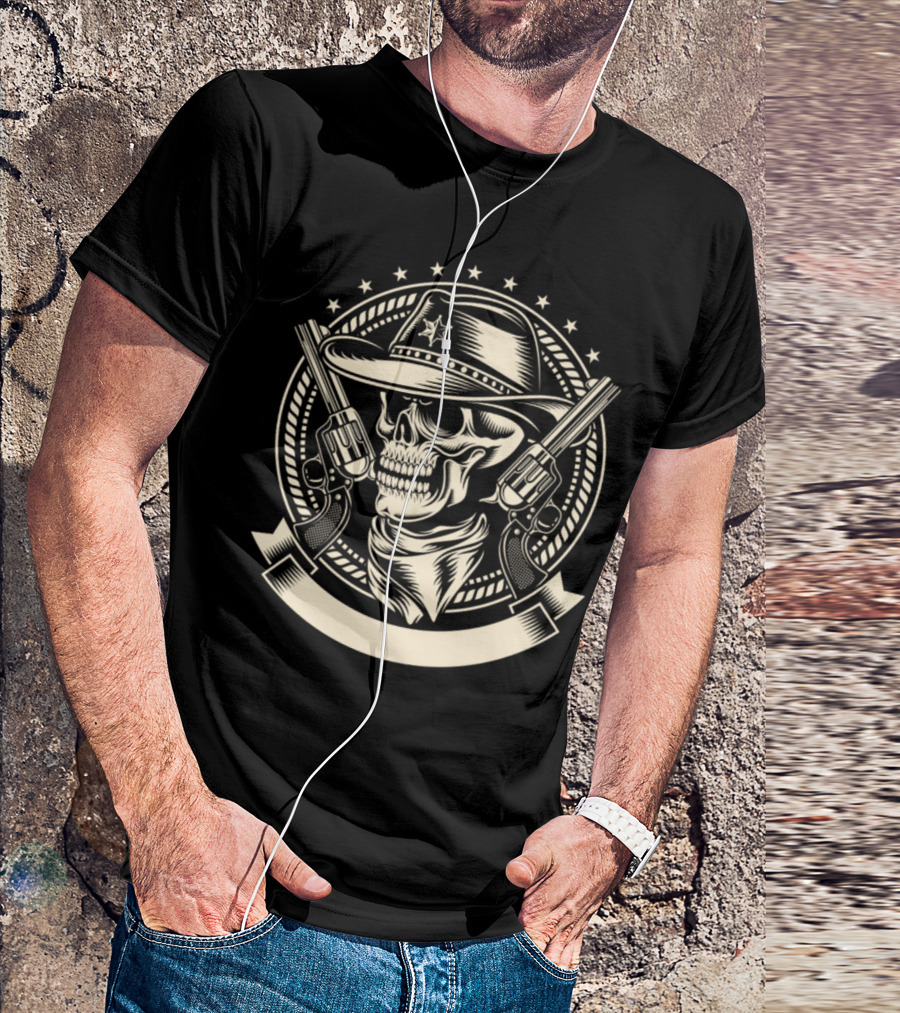 Cowboy Skull With Star Badge And Dual Revolvers T-Shirt