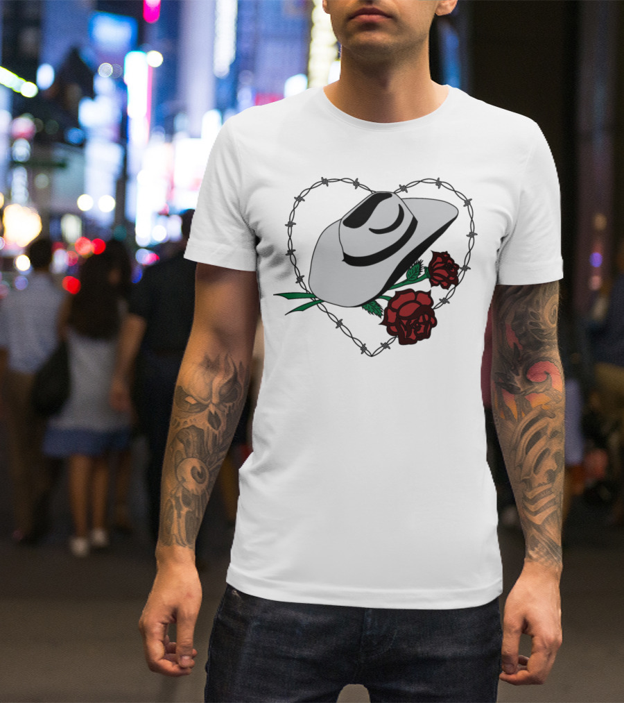 Cowboy Hat Roses Barbed Wire Heart Valentine T-Shirt