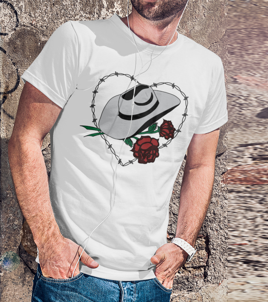 Cowboy Hat Roses Barbed Wire Heart Valentine T-Shirt