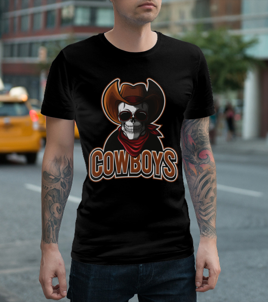 COWBOYS Skull Wearing Hat and Bandana T-Shirt