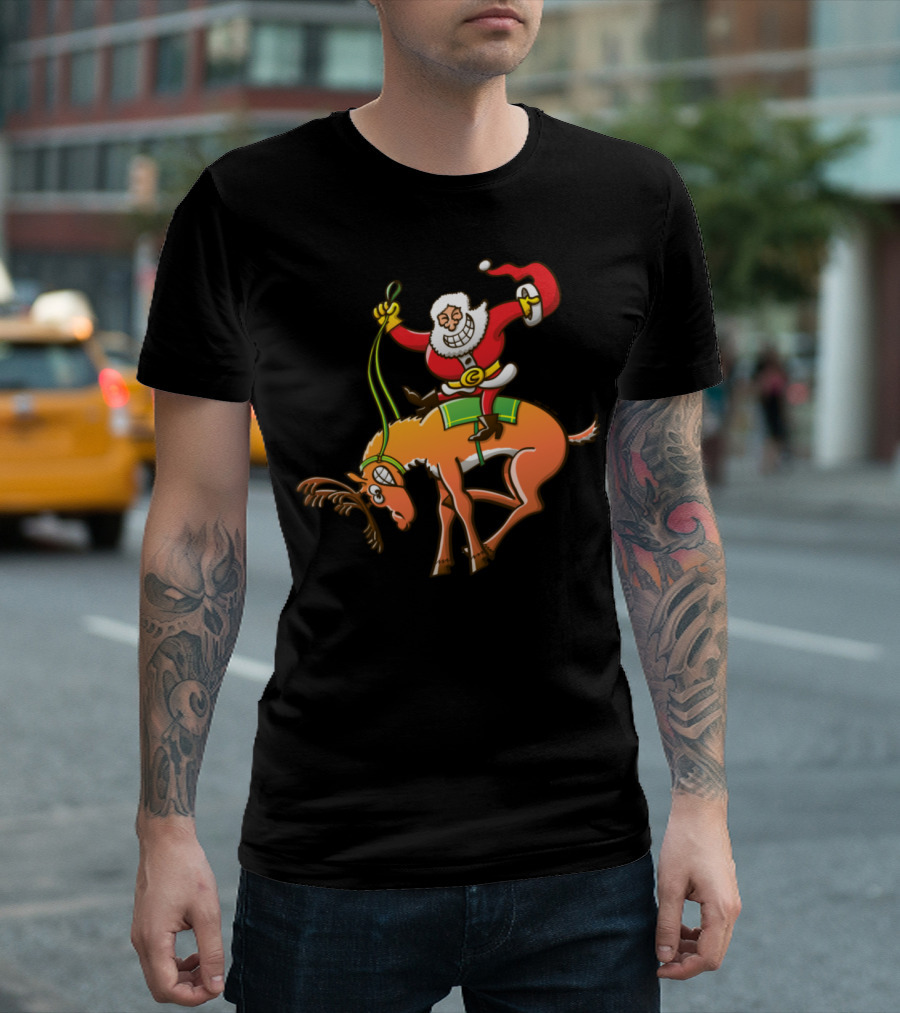 Christmas Rodeo Santa Riding Reindeer T-Shirt