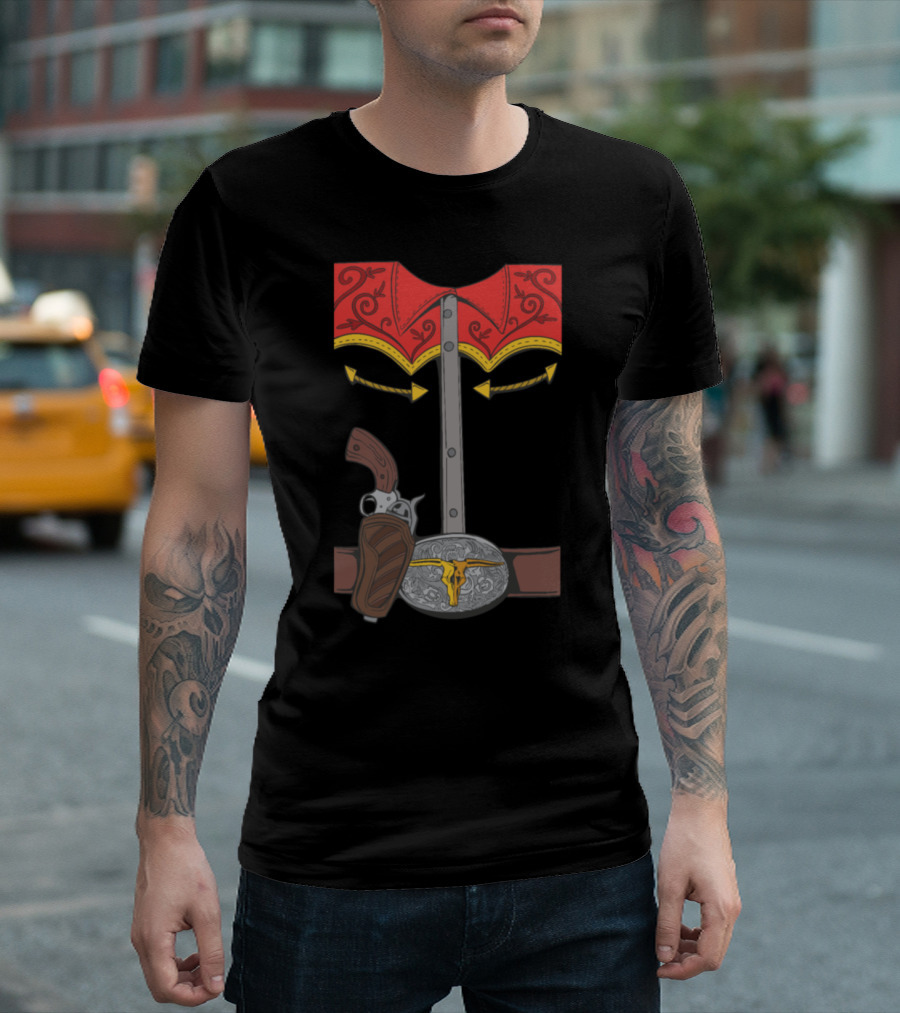 Halloween Cowboy Revolver and Belt Buckle with Steer Skull T-Shirt