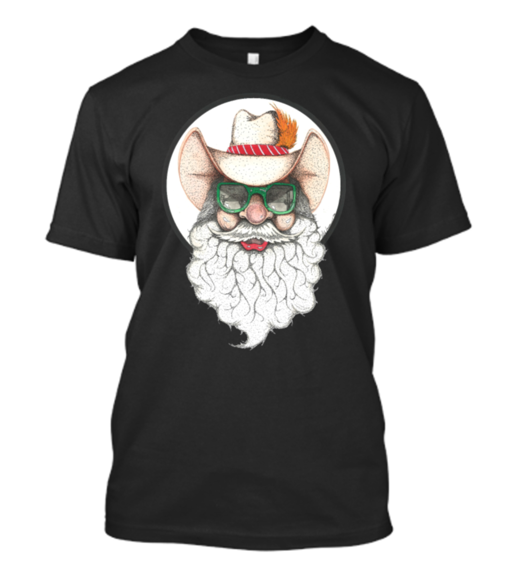 Holiday Cowboy Santa With Green Glasses And Feathered Hat T-Shirt