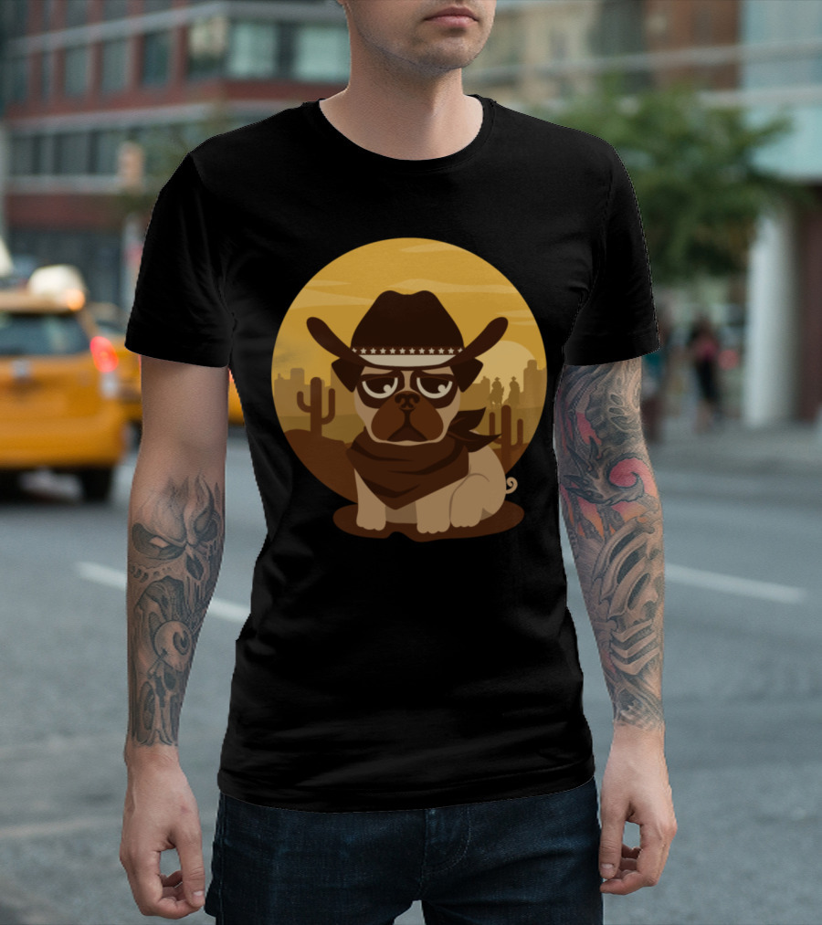 Lovely Pug Cowboy with Western Style Hat and Bandana in Desert Scene T-Shirt