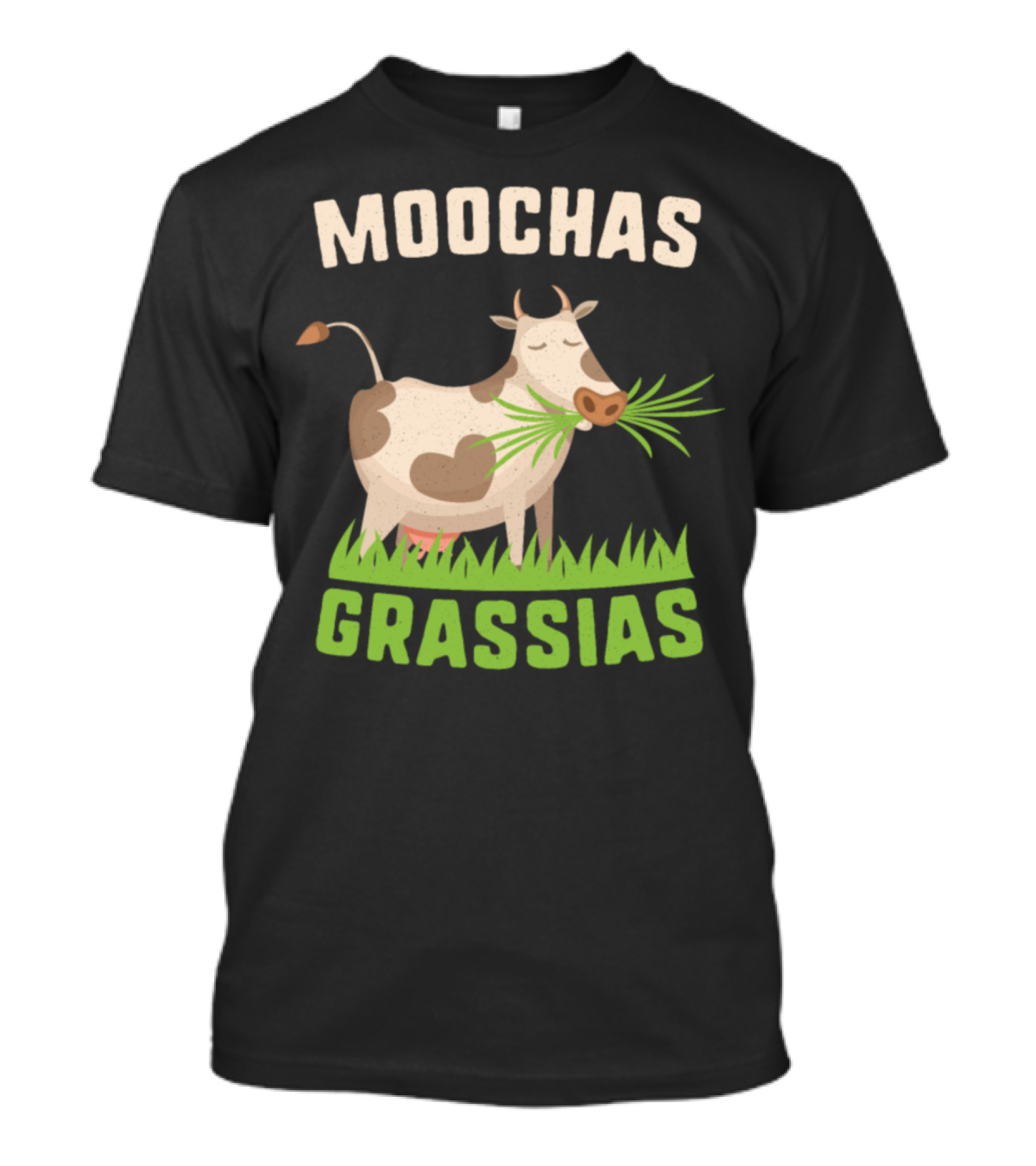 Moochas Grassias Funny Cow Eating Grass Playful Pun T-Shirt