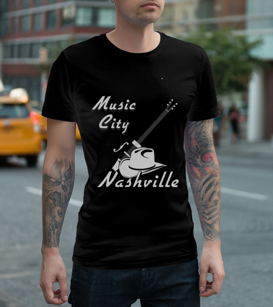 Music City Nashville Guitar And Cowboy Hat T-Shirt