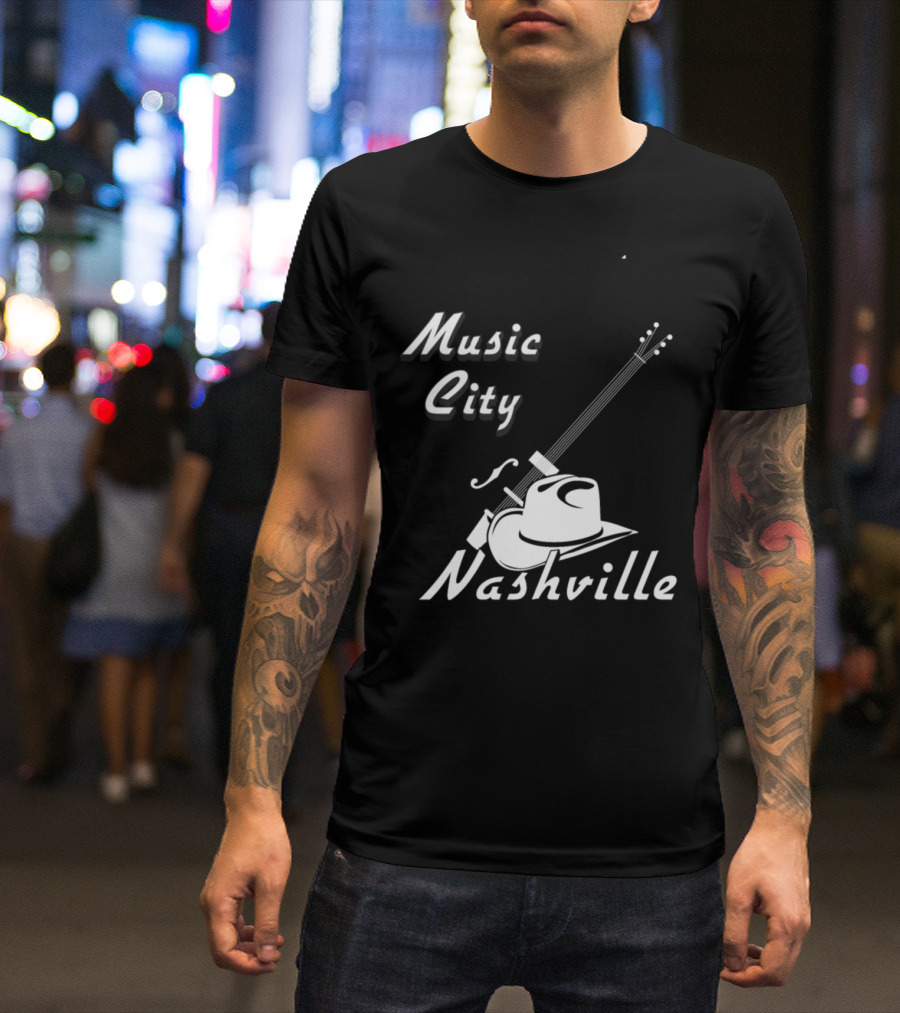 Music City Nashville Guitar And Cowboy Hat T-Shirt