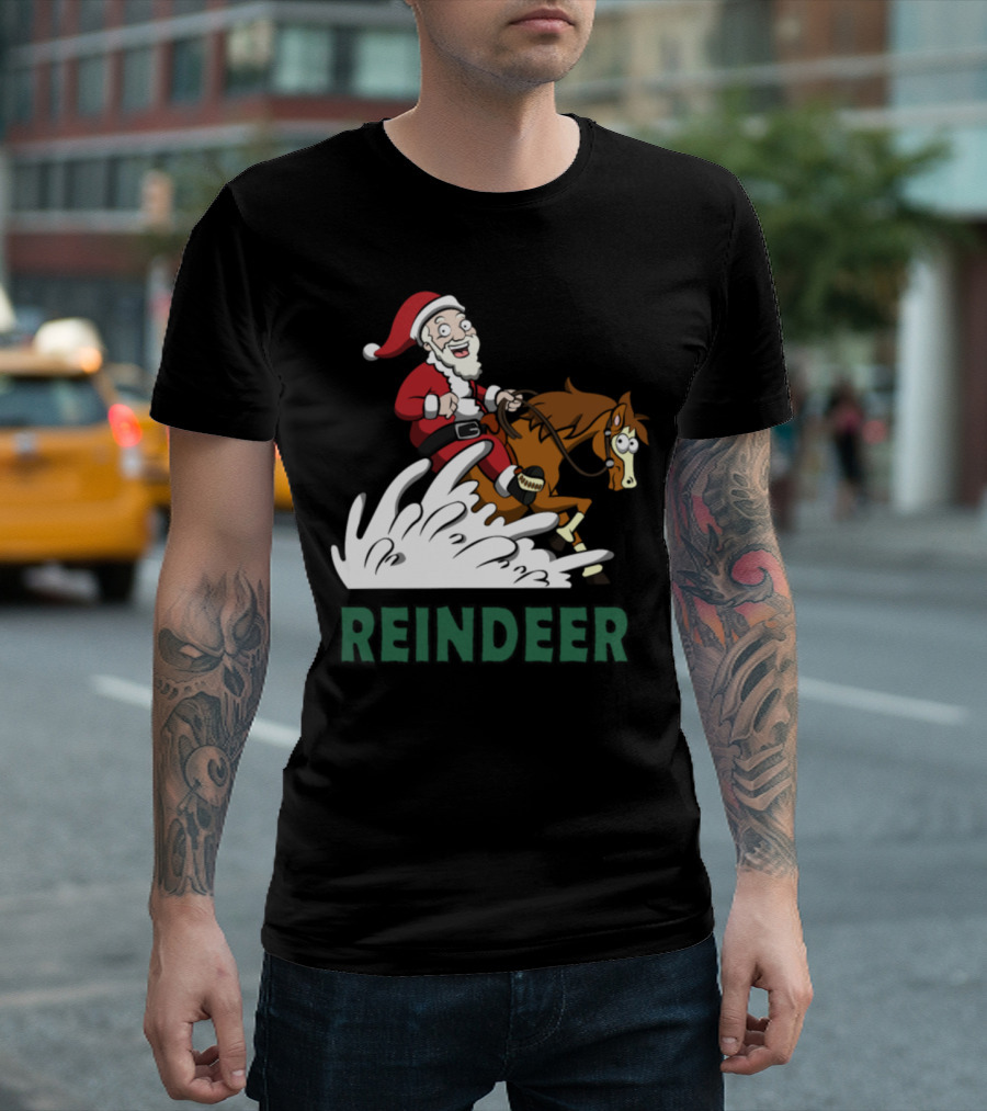 Santa Riding Reindeer In Western Style Scene T-Shirt