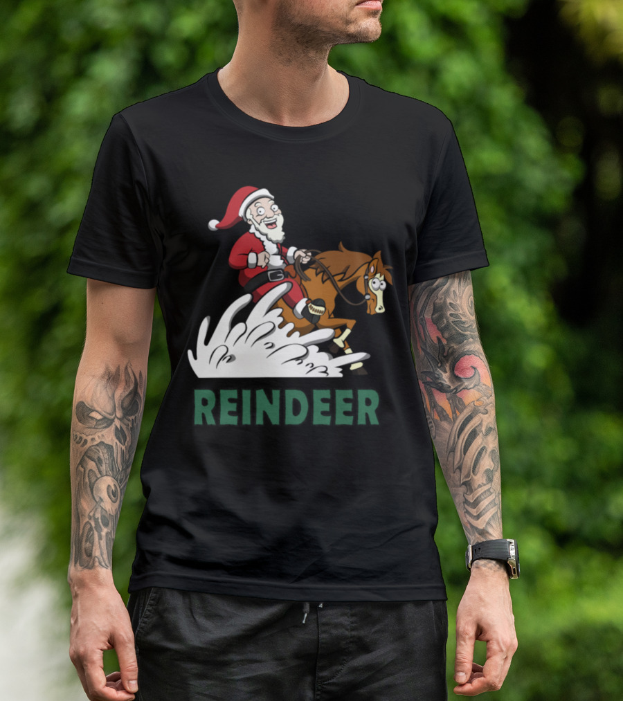 Santa Riding Reindeer In Western Style Scene T-Shirt