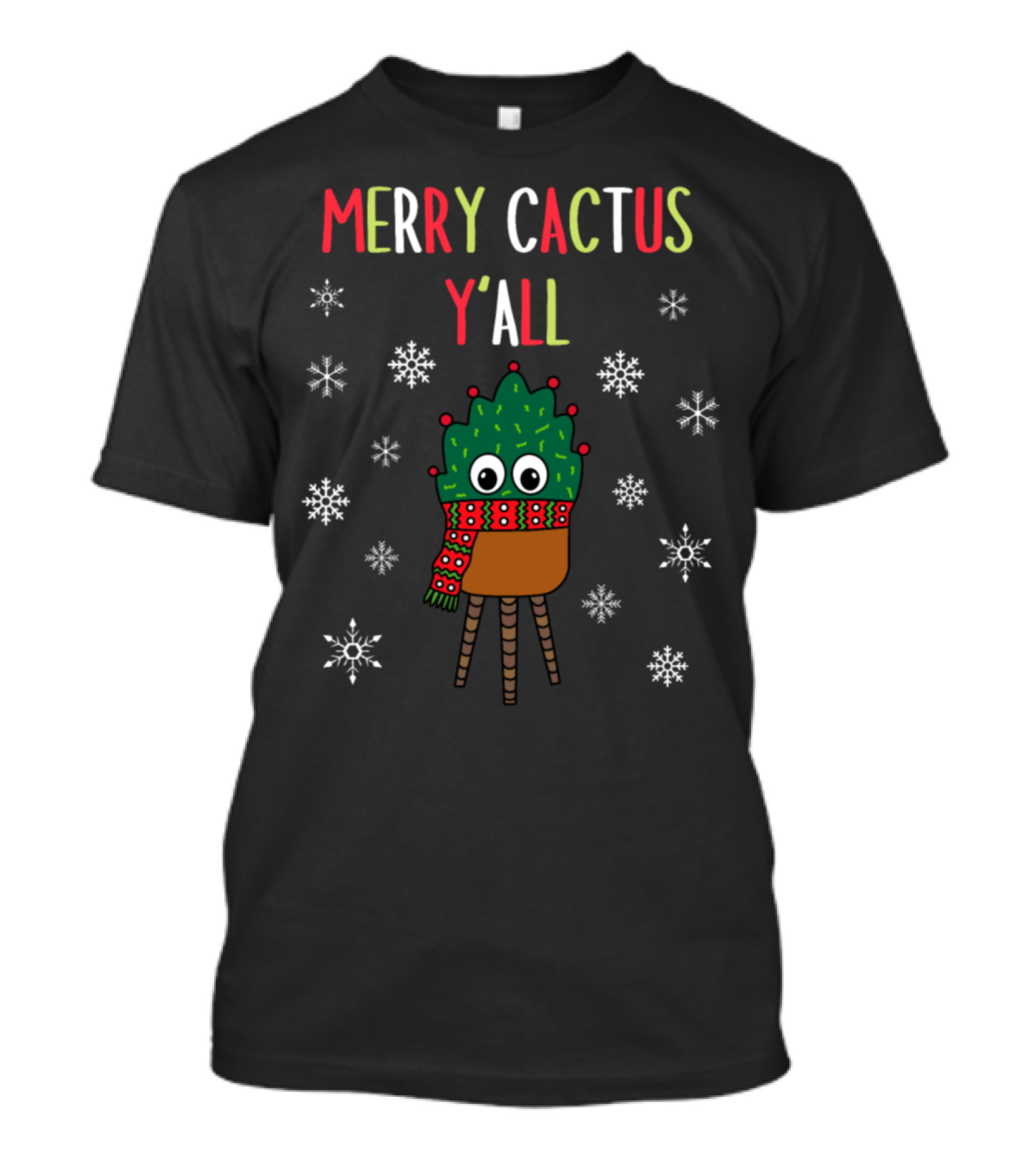Merry Cactus Y'all Christmas Cactus With Scarf And Snowflakes T-Shirt
