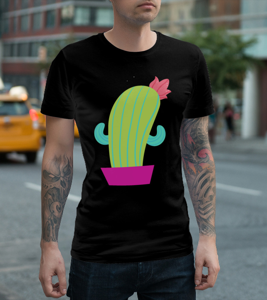 Trending Funny Cactus in Pink Pot with Flower and Teal Arms T-Shirt