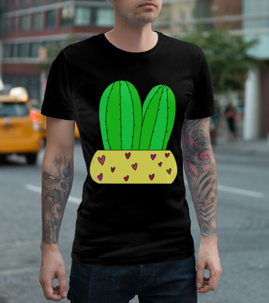2 Cacti in Love with Hearts in Yellow Pot T-Shirt