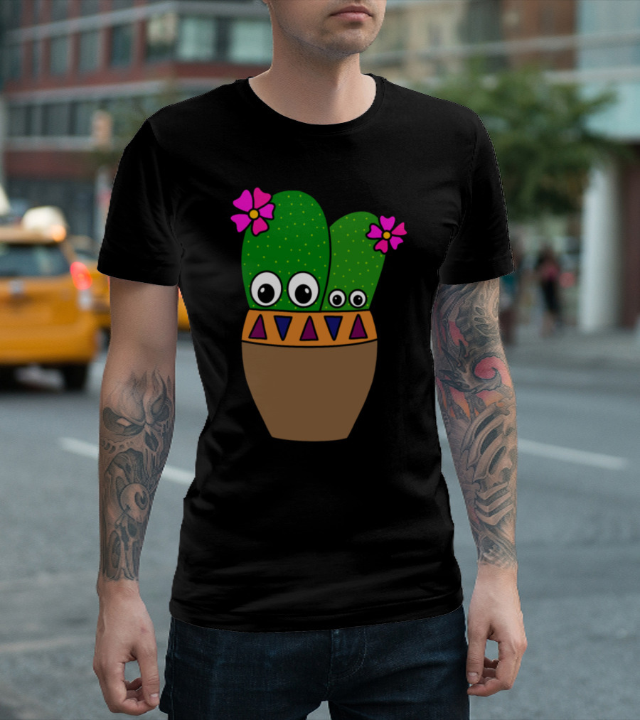 Adorable Cacti with Big Eyes and Flowers in Colorful Patterned Jar T-Shirt